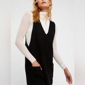 Free People Black Ribbed V-Neck Sweater Dress Jumper With Pockets